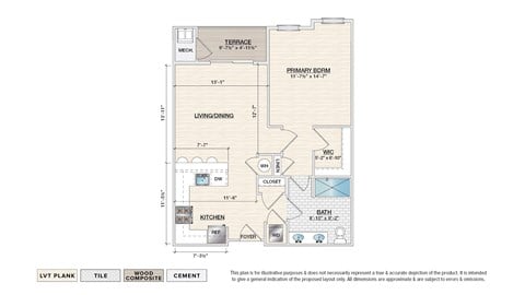 Floor plan for 1 bed, 1 bath, 761 sqft